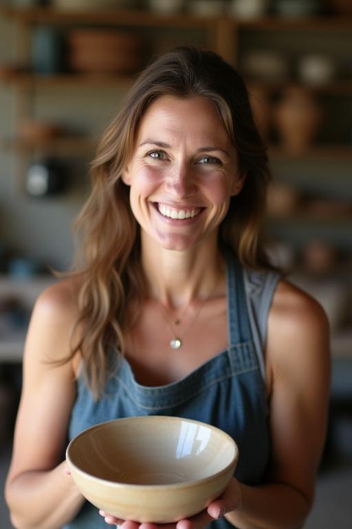 A professional, friendly portrait of the artist behind Krummholz Ceramics, perhaps holding a ceramic piece.