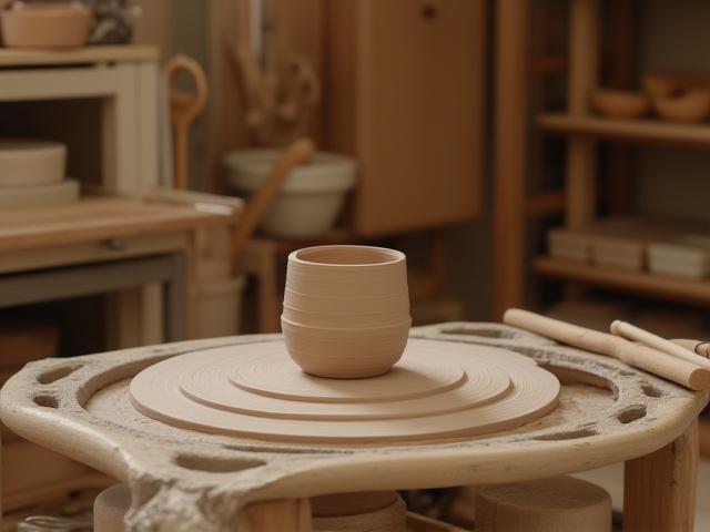 Interior of a pottery studio, showing a potter's wheel with clay and tools, bathed in natural light.