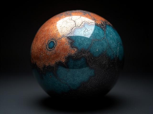 Abstract Raku fired ceramic sphere with iridescent copper and blue glazes, Krummholz Ceramics