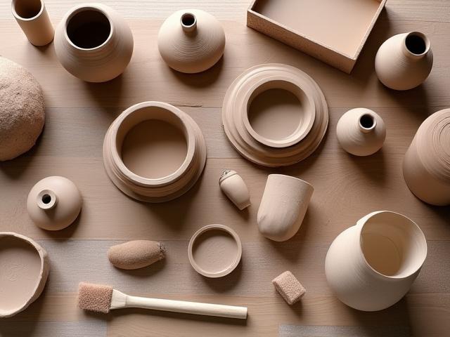 Various hand-built ceramic pieces, coils, and slabs on a workstation with pottery tools.